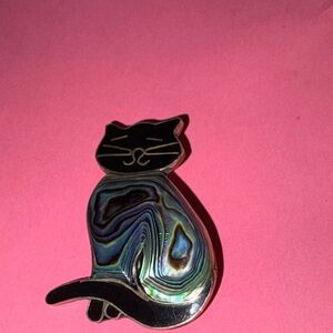 Vintage Alpaca Mexico Silver Mother of Pearl Shells and Abalone Cat Brooch